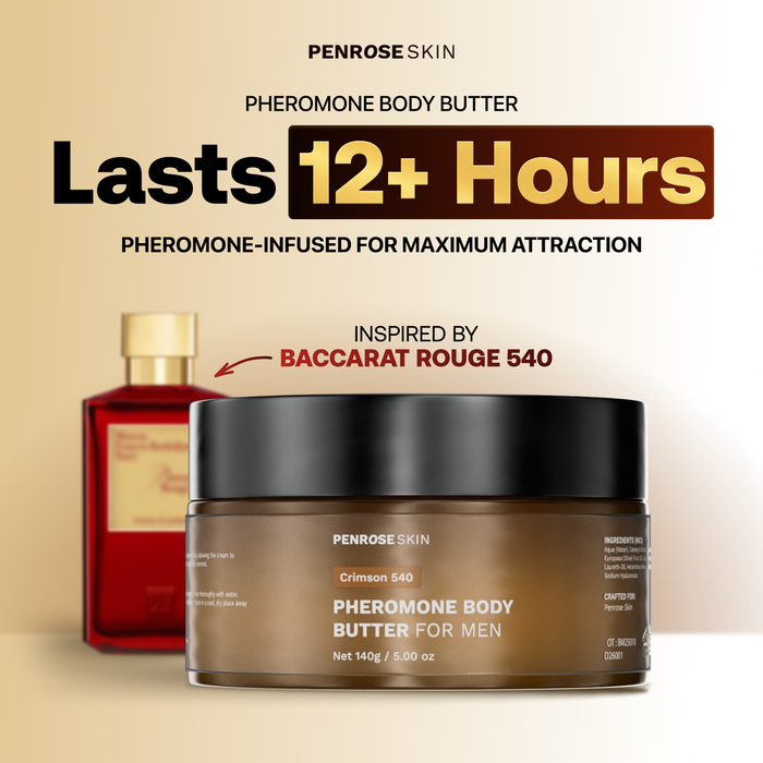Crimson 540 pheromone body butter, inspired by Baccarat Rouge 540, lasts 12+ hours
