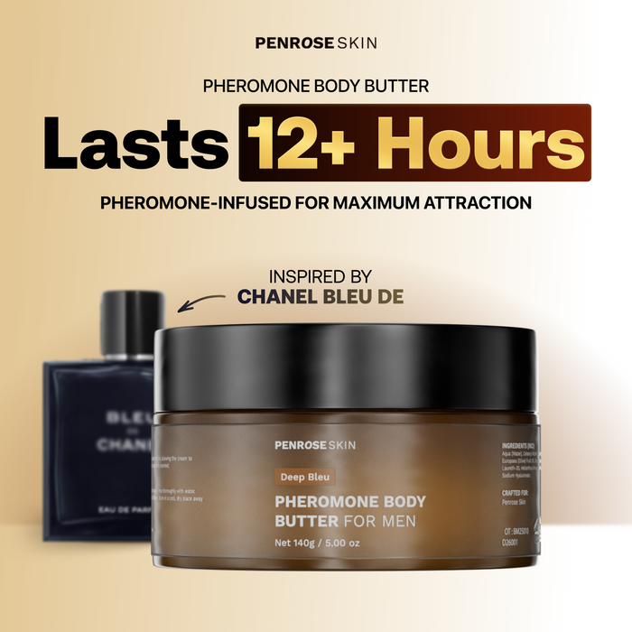 Deep Bleu pheromone body butter, inspired by Bleu de Chanel, lasts 12+ hours