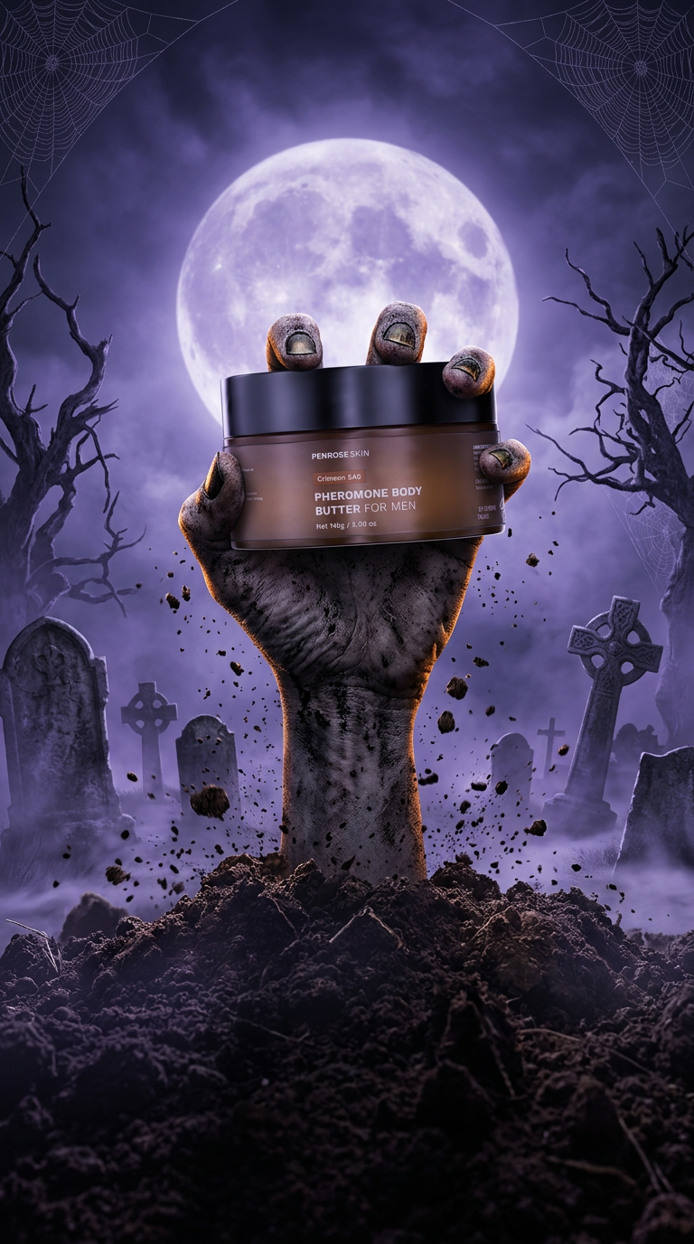 Zombie hand bursting from a moonlit graveyard holding a Penrose Skin pheromone body butter jar