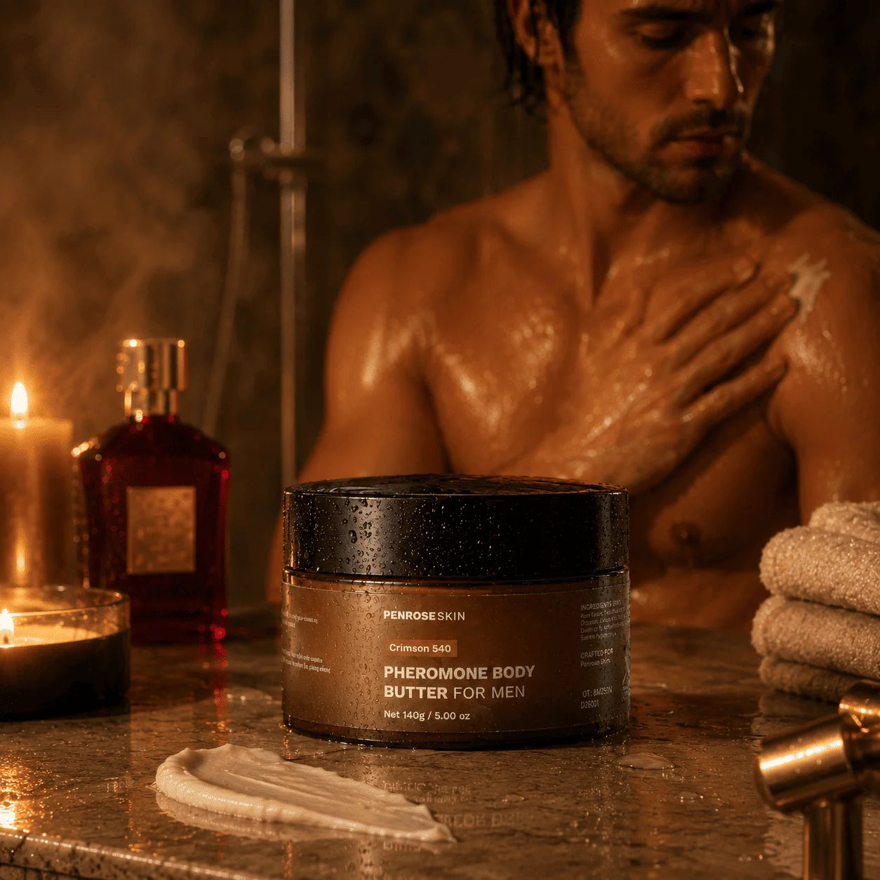 Man applying Penrose Skin body butter in warm bathroom light